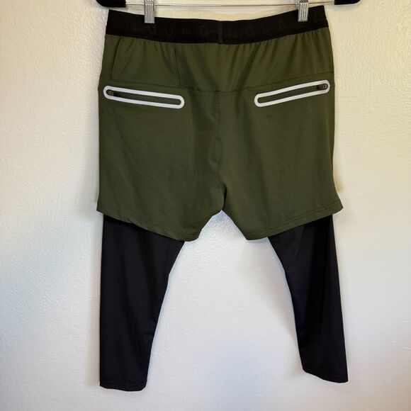 YoungLA 2-in-1 Shorts with Leggings Gym Running Training Pants Olive Black Small - Picture 5 of 7